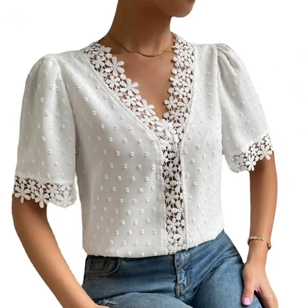 Women T-shirt Floral Lace Splicing V Neck Short Sleeves Pullovers Solid Color Elegant Summer Ladies Tee Blouse Top Streetwear