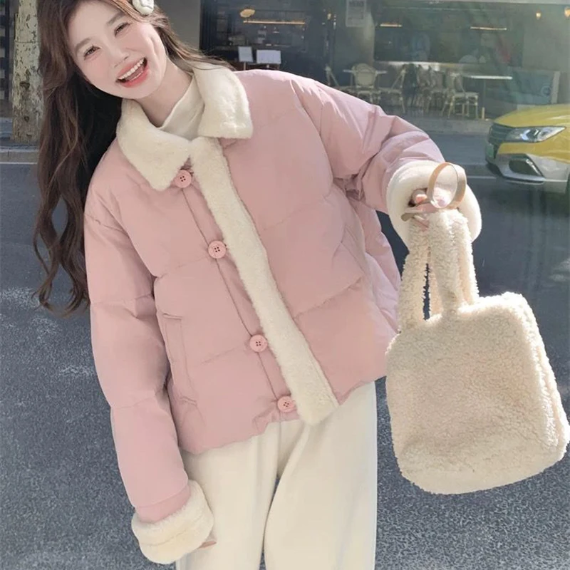 

Women Winter Plush Patchwork Warm Loose Crop Puffy Coats Solid Aesthetic Long Sleeve Casual Outwear