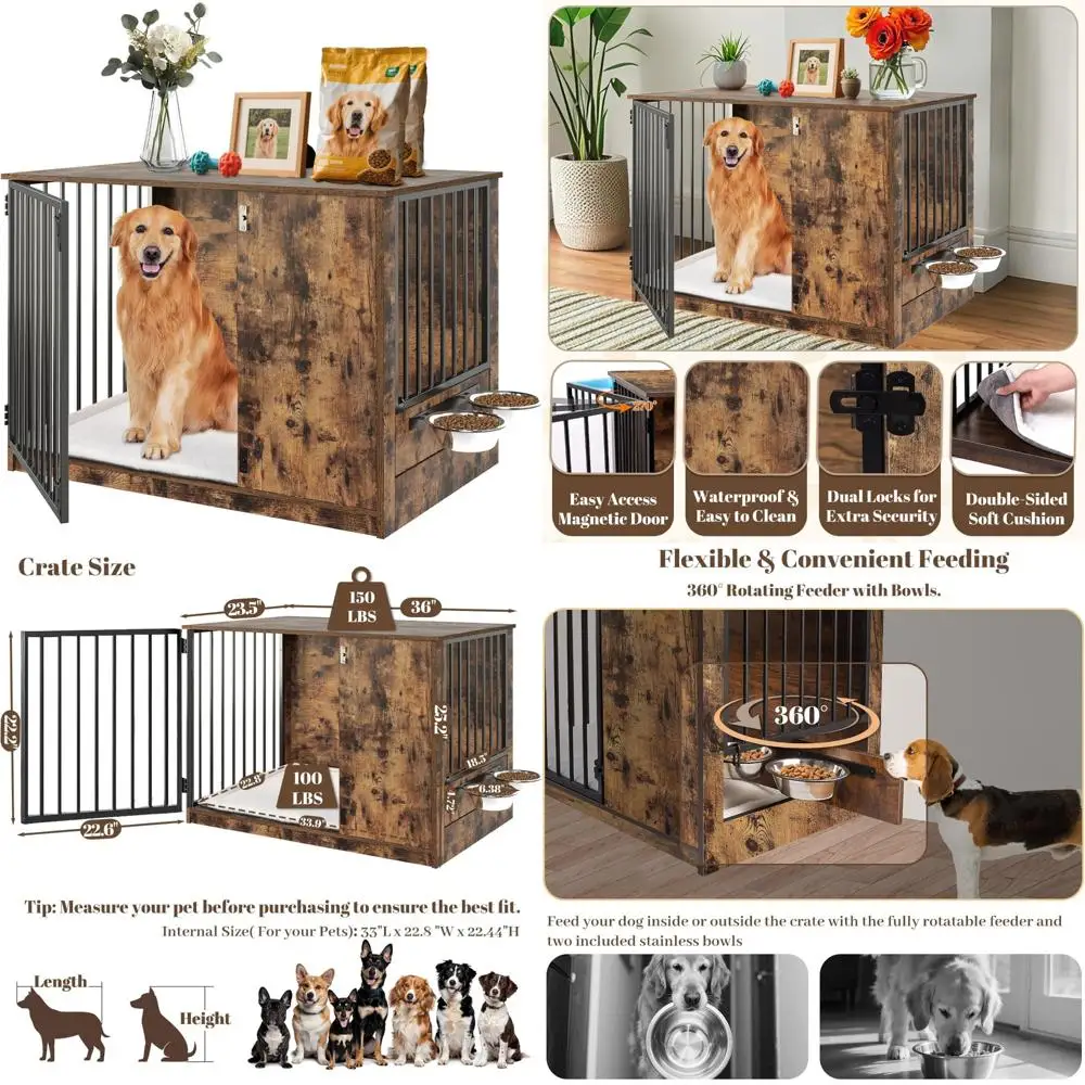 

Large Dog Crate Furniture with Cushion, 36-Inch Indoor Wooden Kennel featuring 270-Degree Swivel Door and 360-Degree Rotating Fe