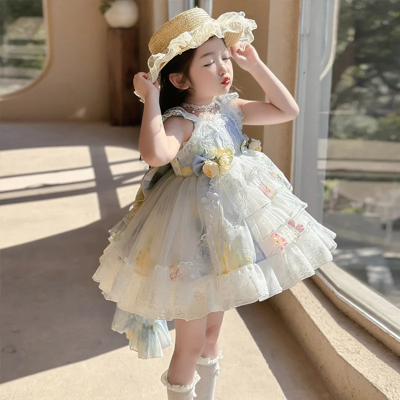

Lolita Princess Dress For Girl Children's Sleeveless Flowers luxury Gown Kids Cute Lolita Dress Girl Frocks countryside Style