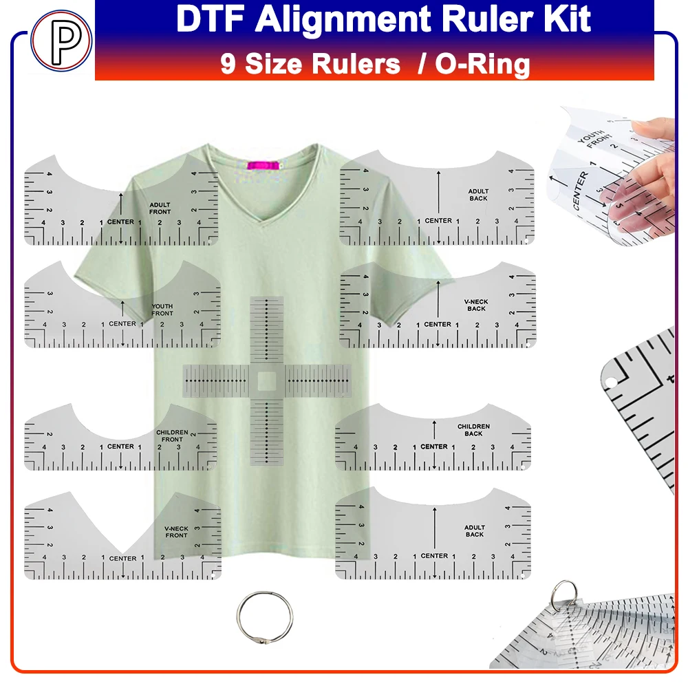 Newest DTF DTG Vinyl Alignment Ruler Kit with O-Ring for Heat Press Measurement Tool Centering X-Ruler V-Neck Round PVC Ruler