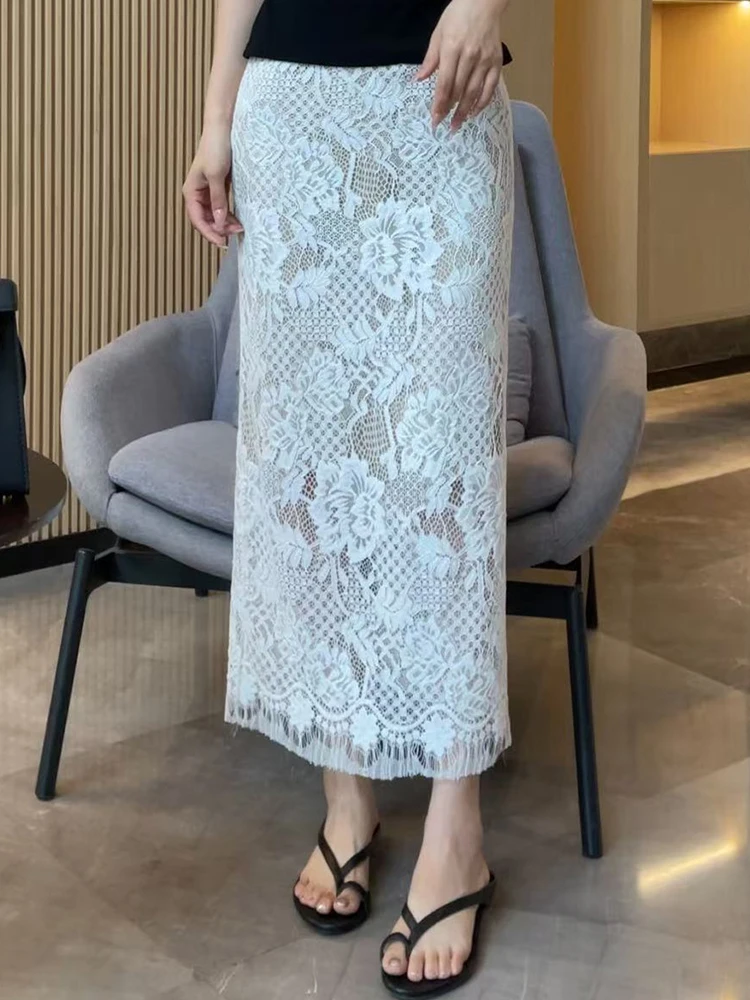 Ele Hollow Out Lace f Rock für Frauen Sli Einzigartiger schöner Ba Split Commute High Waist A-Line Midirock
