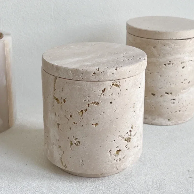 Wabi-sabi Beige Travertine Natural Marble Stone Sundries Storage Tank Candle Jars with lid bathroom accessory Home decoration