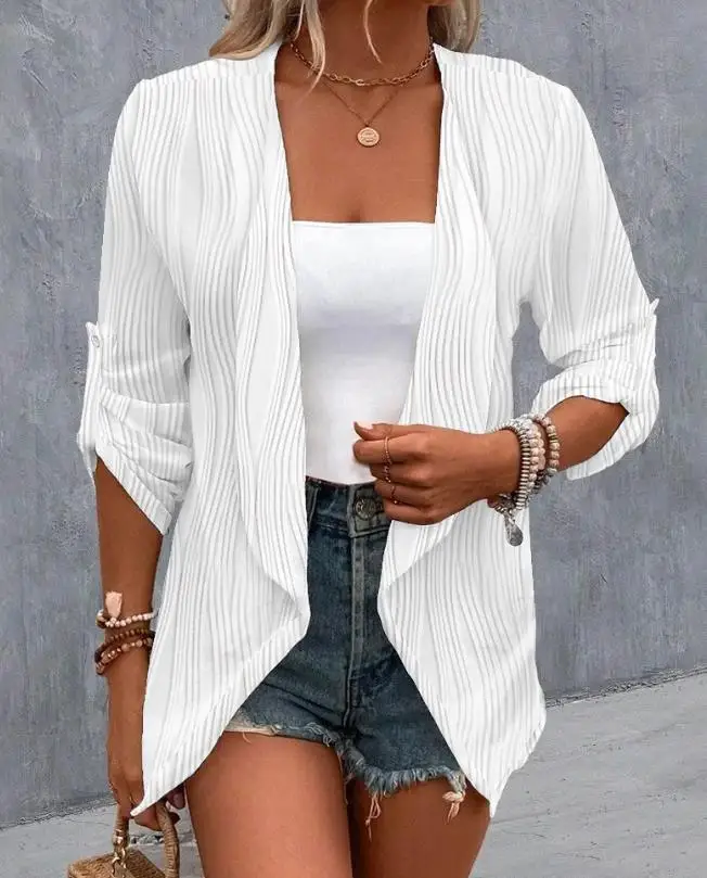 100pcs in stock women's long sleeved casual style rolled up sleeve open front button textured jacket (shipped within 48 hours)