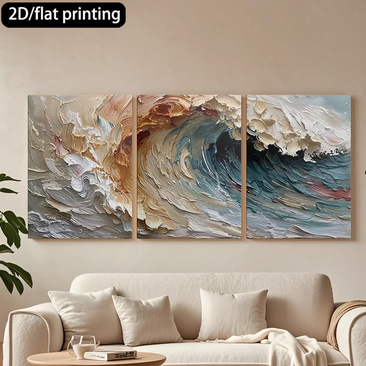 

2D плоская печать, 3-х частная картина на холсте в деревянной раме, декоративная картина с текстурой, масляная живопись, изображение бурной волны. Декор для коридора и спальни.