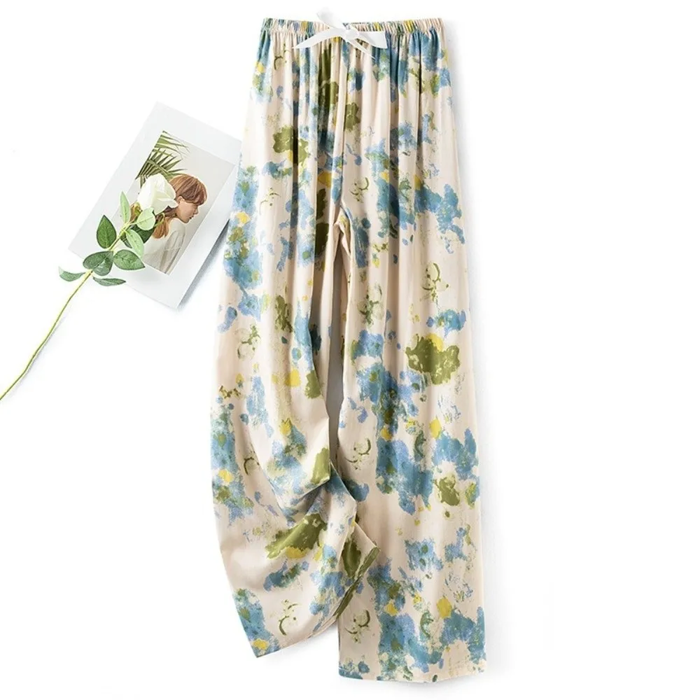 Fashion Print Flower Sleeping Pants Loose Fit Boho Ethnic Style Wide Leg Pants Sleepwear Loungewear Cropped Pants Beach