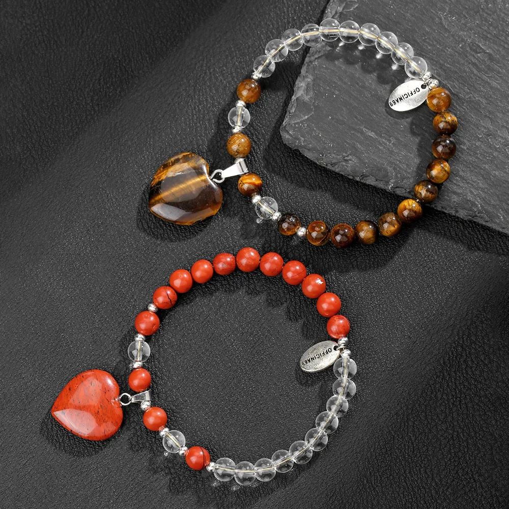 Chinese Style Lucky Blessing Red Stone Tiger Eye Clear Quartz Beaded Bracelet With Heart Pendant Fortune Bohemian Jewelry For