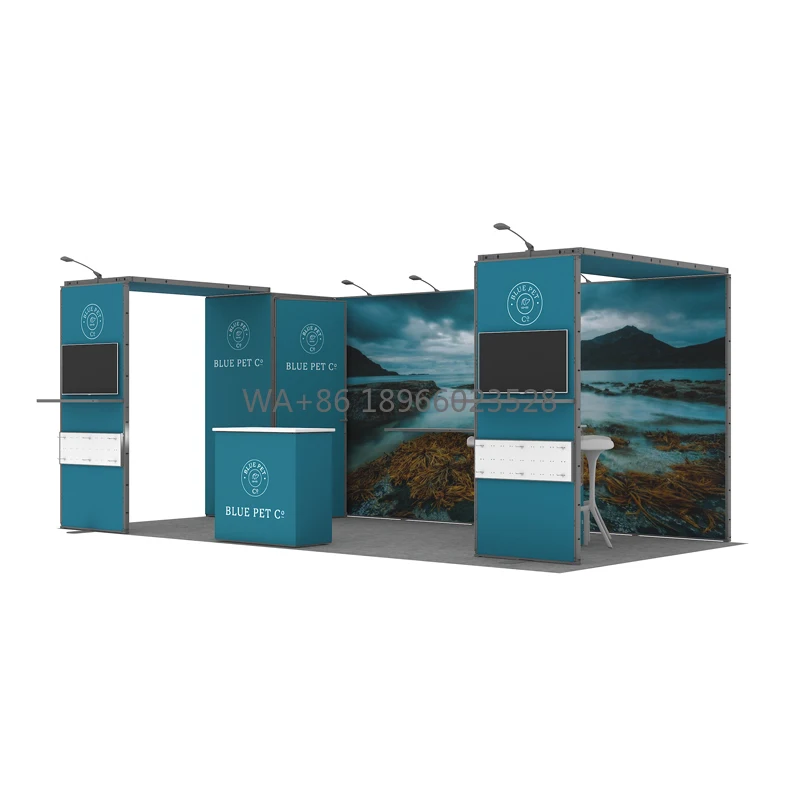 Cabina per esposizioni commerciali con grafica personalizzata modulare in alluminio per sala di stoccaggio 10x20 con TV