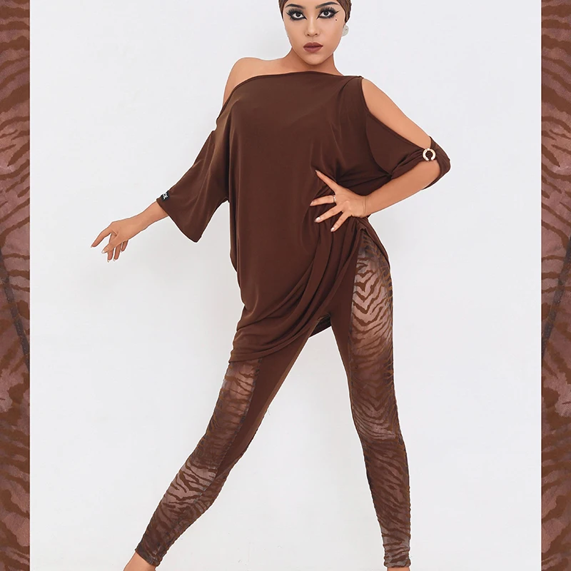 2025 nouveaux tenues de pratique de danse latine épaule inclinée bouton rond en métal sweat à capuche pantalons serrés ensembles vêtements de danse latine