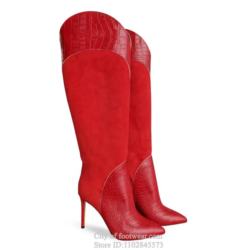 Suede Patchwork Leather Red/Black Knee High Boots Women's Big Size Sexy High Heels Pointed Toe Boot Luxury Designer Shoes