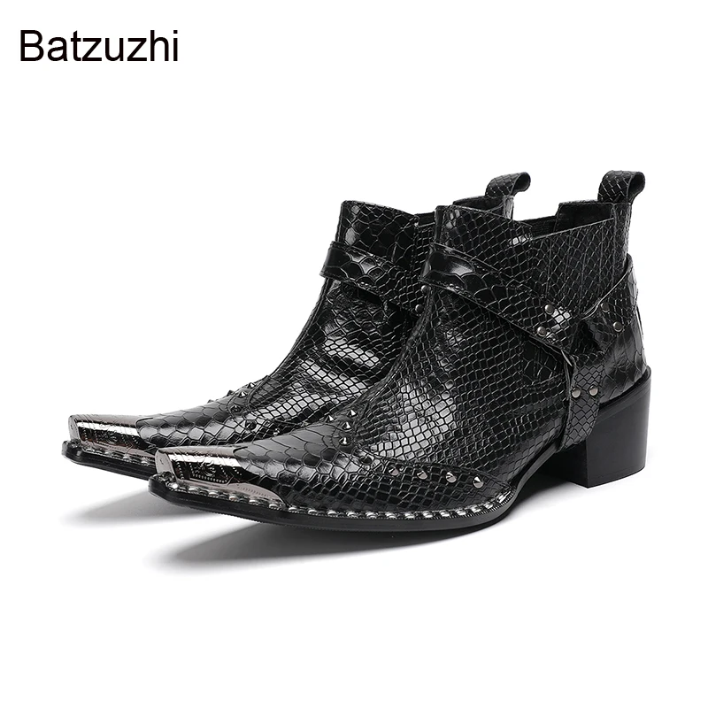 

Batzuzhi Rock Fashion Мужские ботильоны с острым металлическим носком Черные кожаные короткие ботинки Мужские ботинки в стиле панк для мужчин!