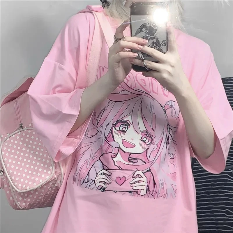 Spring  Summer New Korean Version Harajuku Pink Cute Anime Cartoon Girl Printing Loose Short-Sleeved T-Shirt Female Top Student