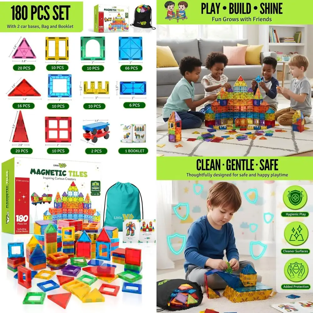 Juego de construcción magnética de 180 piezas con 2 bases de coche para niños de 3 a 12 años, juguetes de aprendizaje STEM para niños y niñas