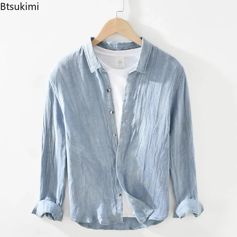 New Men's Vintage Long-sleeved 100% Linen Casual Shirts Fashion Simple Loose Breathable Shirt Coats Men Solid All-match Blouse