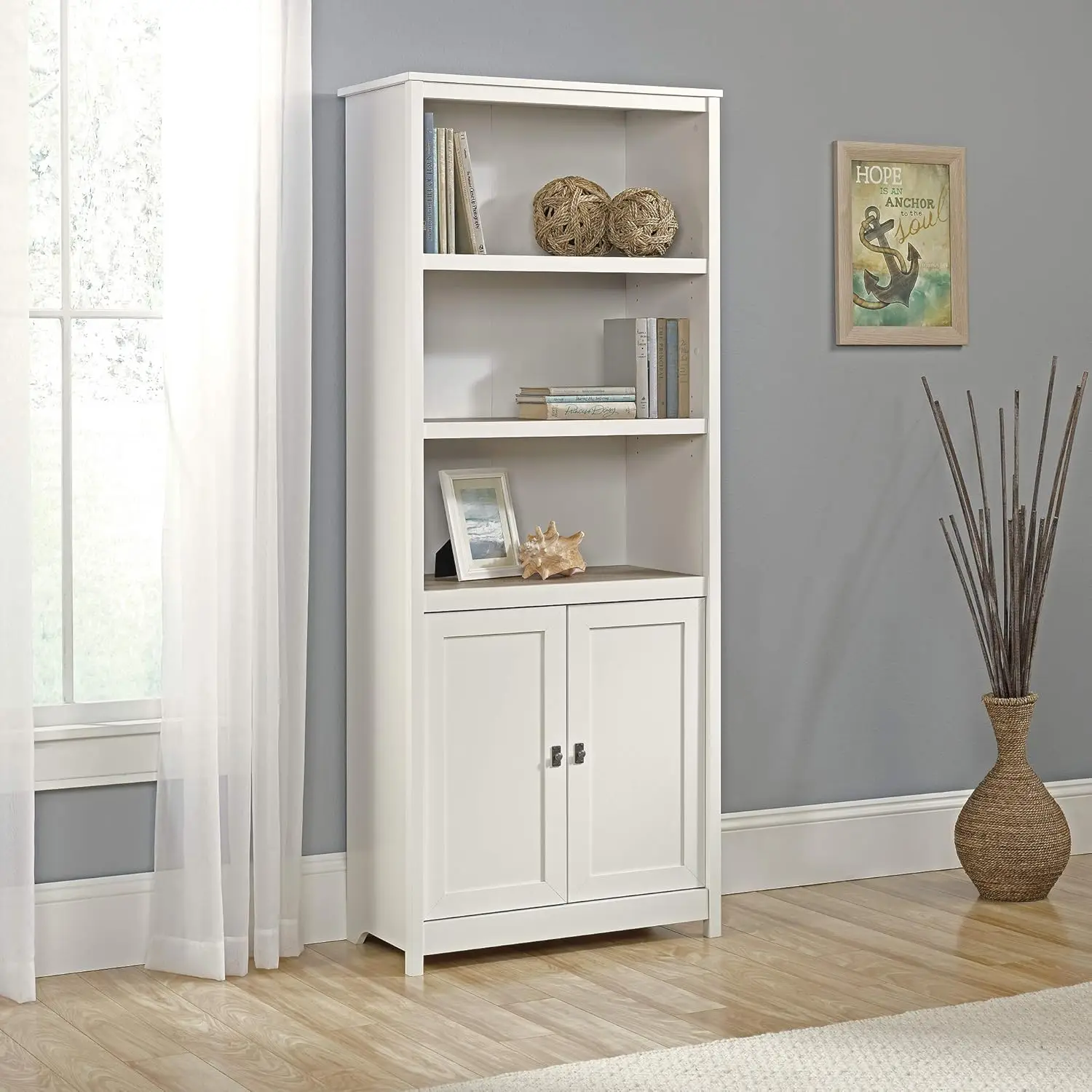 Large bookshelf with gantry and adjustable shelf, soft white finish.  This bookshelf can meet all your storage needs