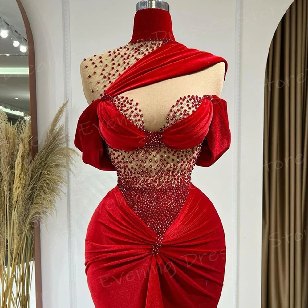 2025 Arabia modesto elegante rojo sirena De las mujeres encantadores vestidos De Noche cuello alto con cuentas vestidos De graduación personalizado Vestido De Noche