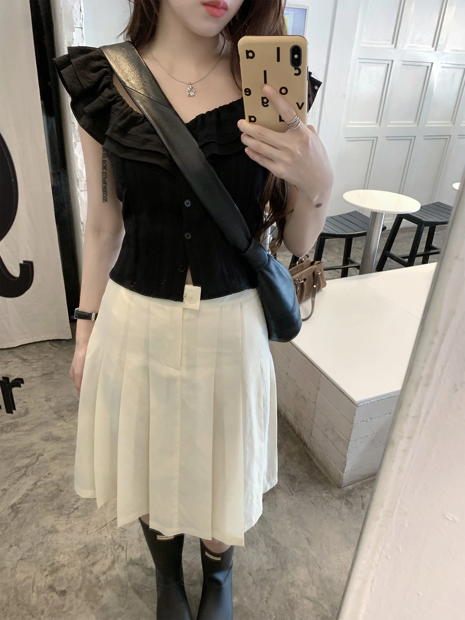 

Neurcz High Waist A-Line Midi Skirt Women's Commute Spring Summer Draped Pure Color Half-length Skirts Slimming Effect