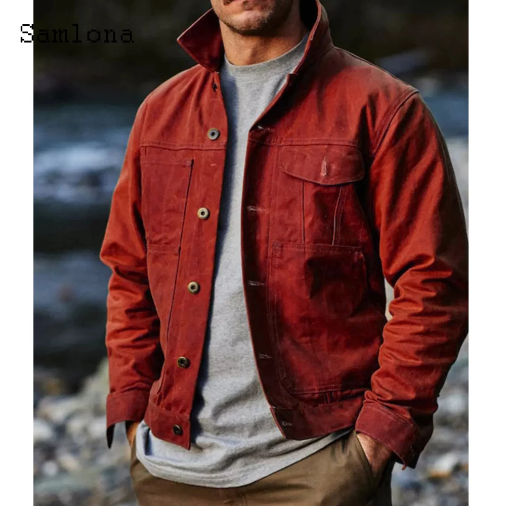 

2025 мужские повседневные винтажные базовые куртки-карго с карманами-стойкой, темно-красный однобортный топ с зубцами, верхняя одежда, сексуальная мужская одежда, новинка