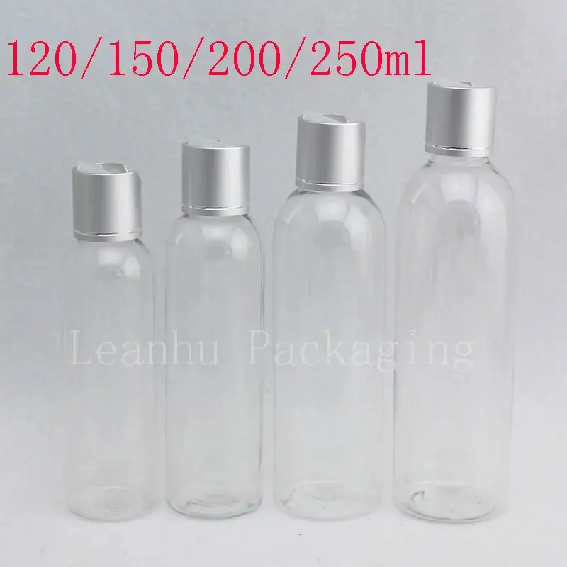 5pc120ml 150ml 200ml 250ml Empty Transparent Plastic Container Silver Disc Top Cap Cosmetics Liquid Soap Bottles Shampoo Lotion