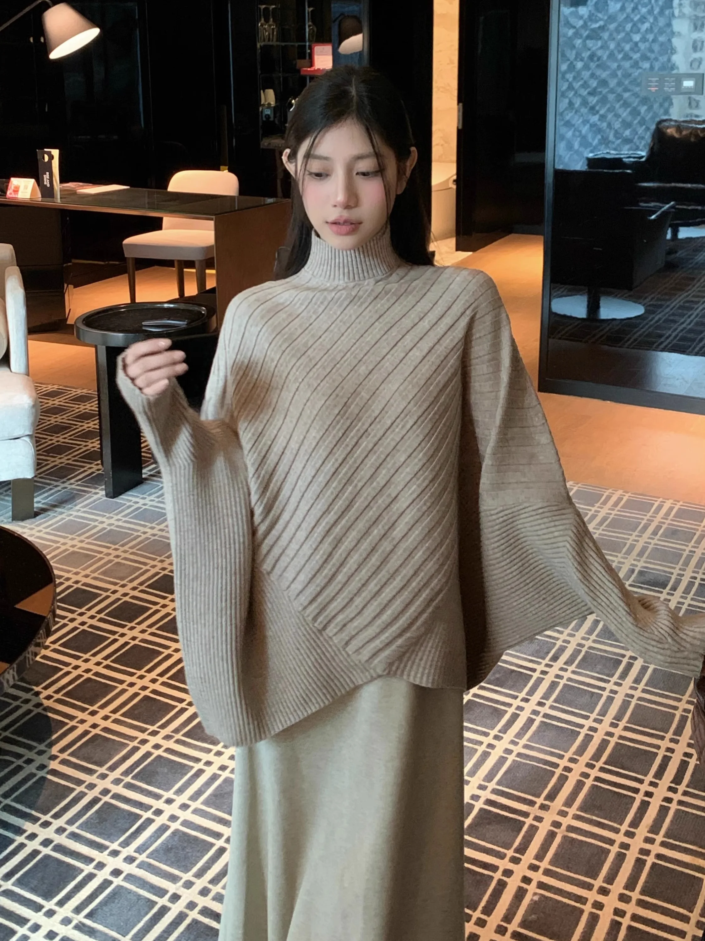 

Loose Korean Sle Batwing Sve Knitted Sweater Women's Autumn Winter New f High Collar Asymmetrical Outerwear Top