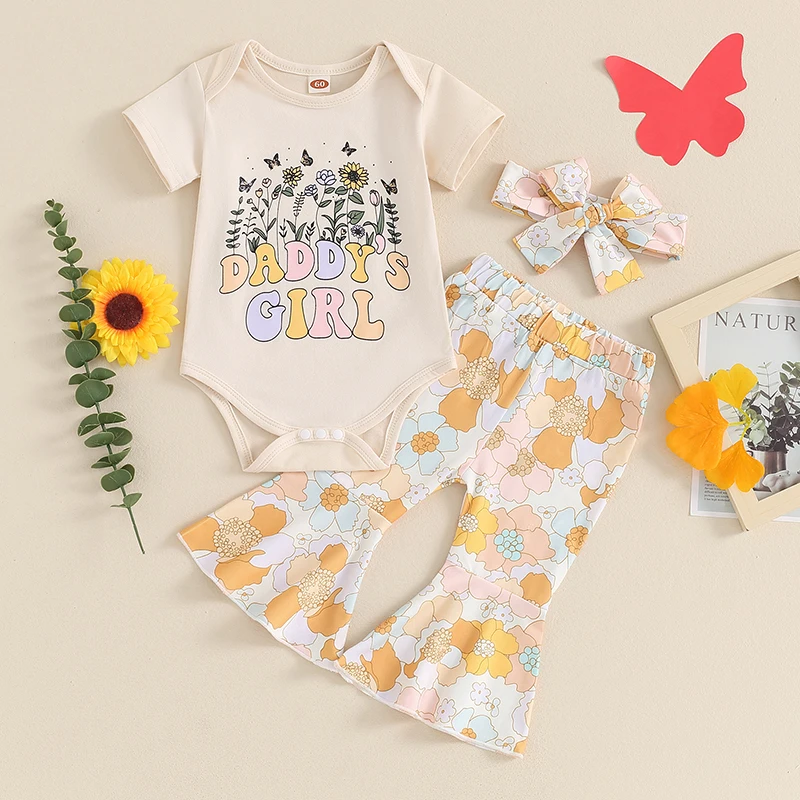 

2024-03-09 Lioraitiin 0-18M Baby Girls Summer Outfit Short Sleeve Letters Print Romper with Flower Print Pants and Headband