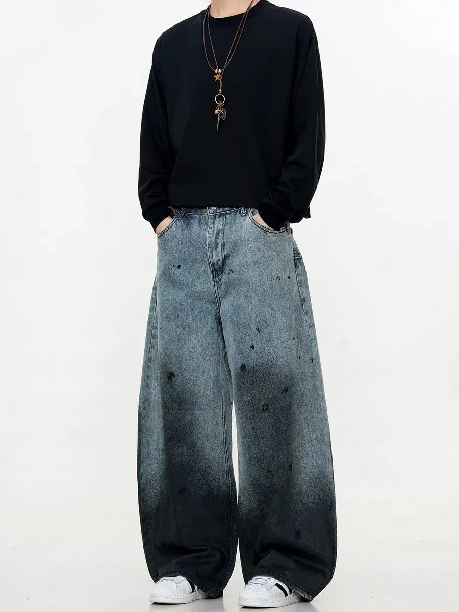 Retro American Waed adient Spray fiti Coltello curvo Jeans larghi casual gamba larga fino al pavimento per uomo e donna