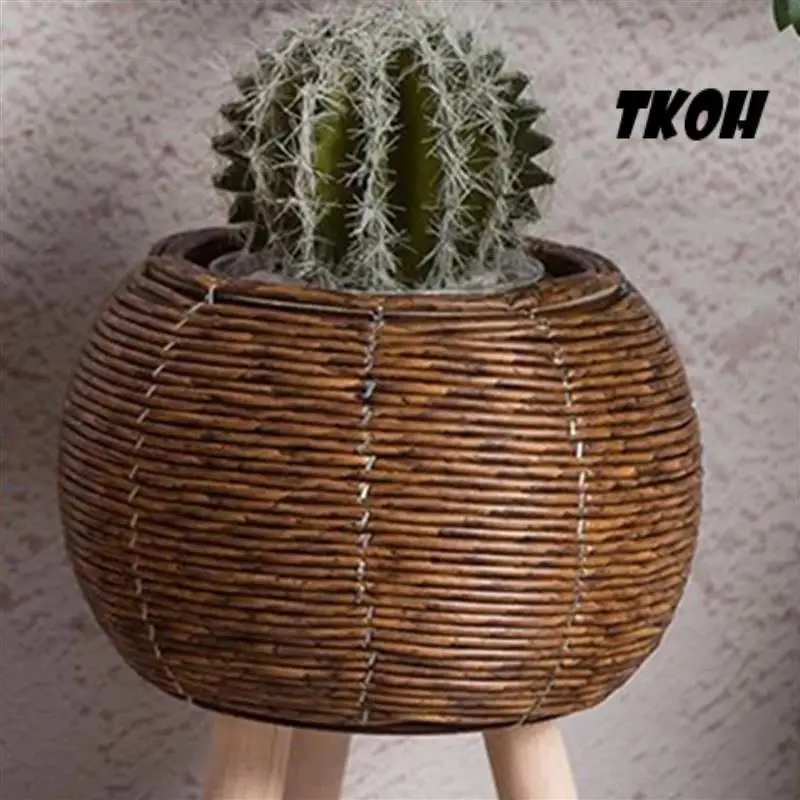 

TKOH-2X Vintage Imitation Rattan Woven Flower Shelf Planters Handmade Storage Basket With Wooden Legs Plant Pot Stand,B
