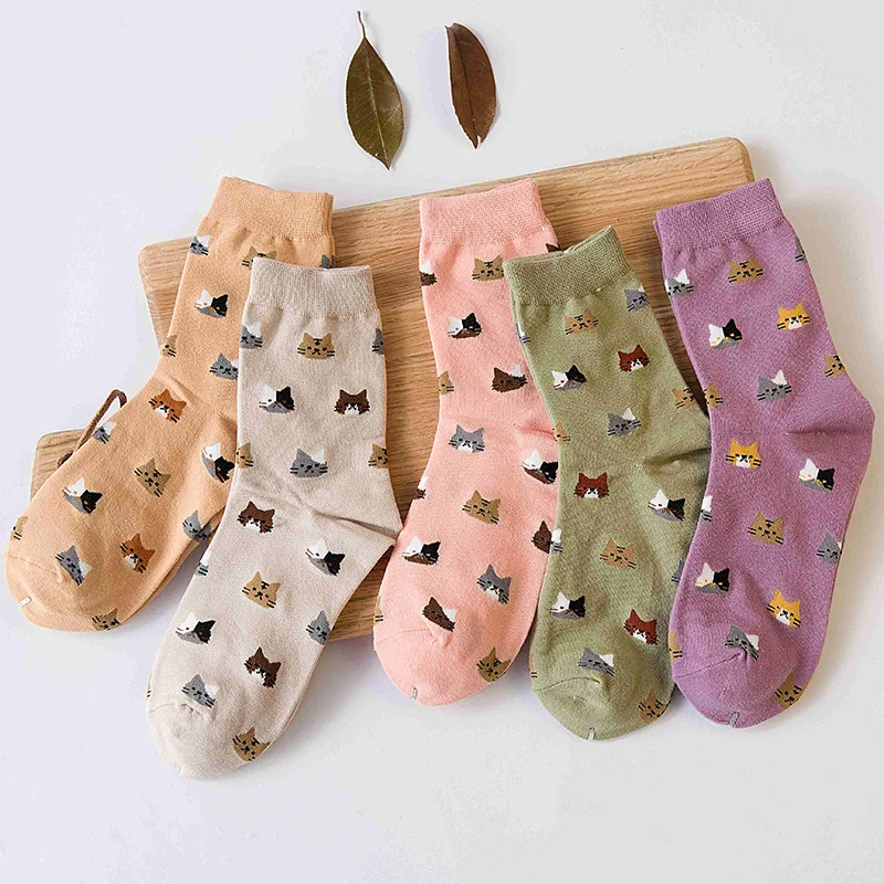 5 Pairs Mid-Calf Women's Cotton Socks Cute Japanese-Style Cat Head Cartoon Design Fall Winter Warm Socks for Women Long Socks