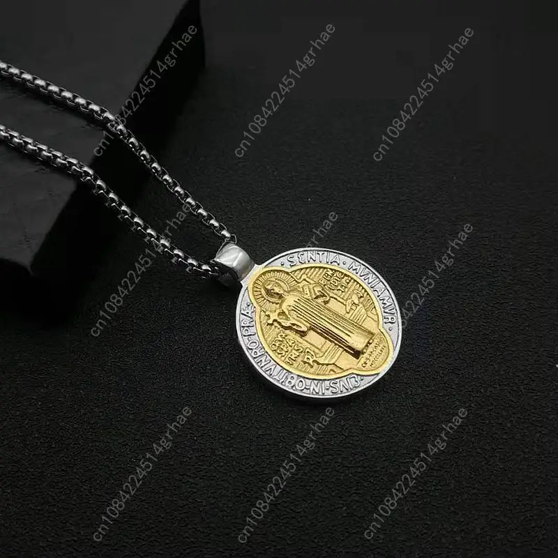 New Catholic Saint Benedict Medallion Pendant Necklace Gold Silver Color Stainless Steel San Benito Collares For Men Jewelry