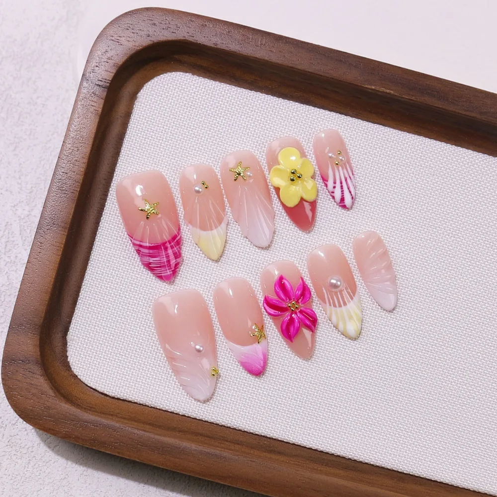 

French Exquisite Handmade Almond-shaped Press-on Nails With 3D Floral Shell Designs High Quality Removable Nail Stickers