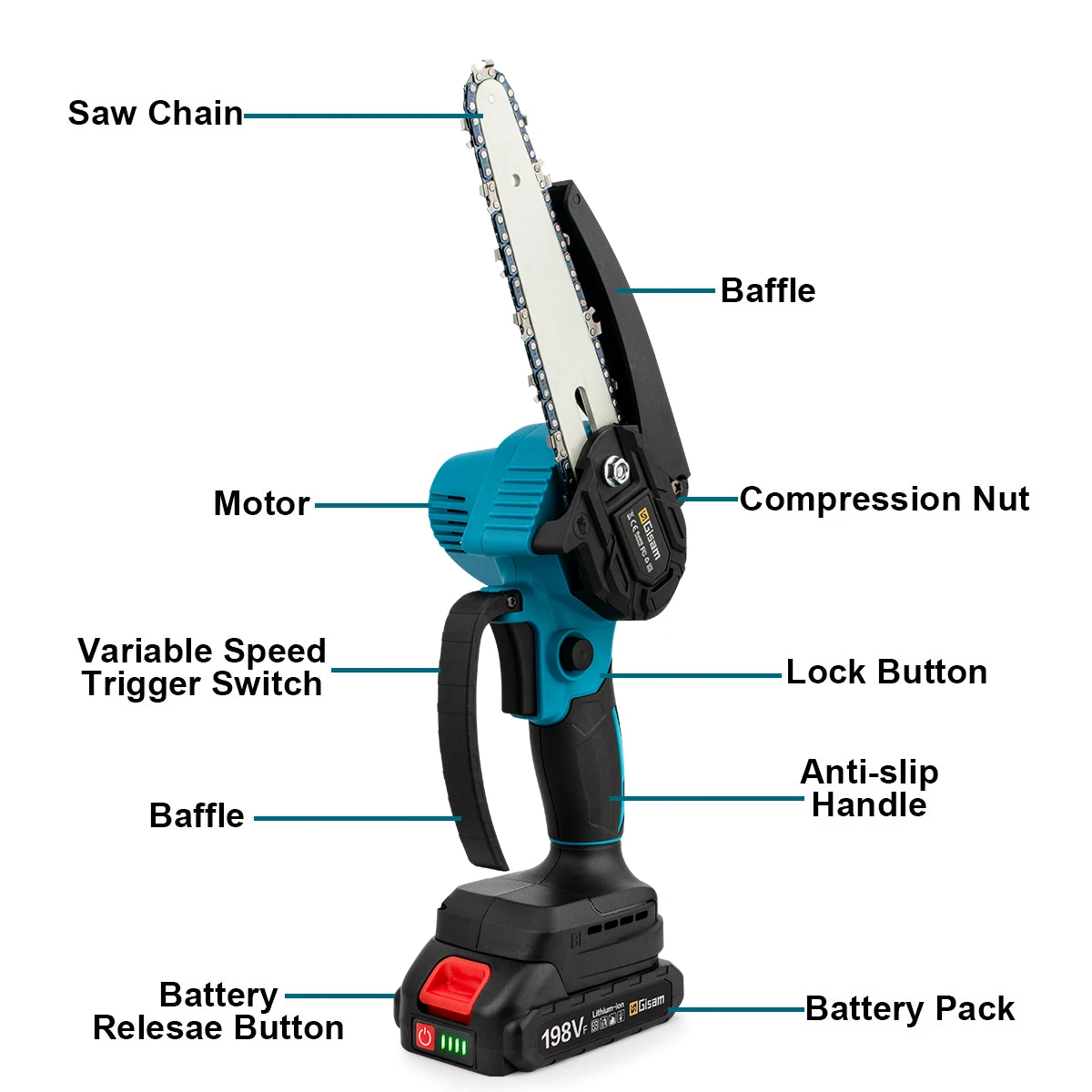 198VF 6 Inch Brushless Chain Saw Mini Handheld Pruning Saw Woodworking Electric Saw Cutting Power Tools For Makita 18V Battery