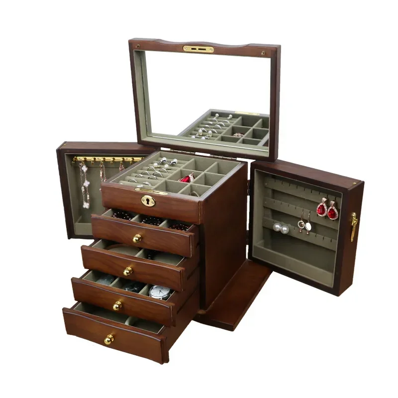

Новинка 2021 года, 5-слойная деревянная шкатулка для драгоценностей, антикварная многофункциональная замок большой емкости, ожерелье в китайском стиле, серьги, браслет для хранения
