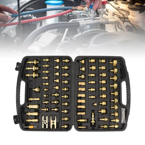 Imagen 2 del producto 77 Uds Kit de prueba de fugas de aire acondicionado de coche herramientas de detección de fugas de CA de latón Kit de reparación de conectores para coche AC