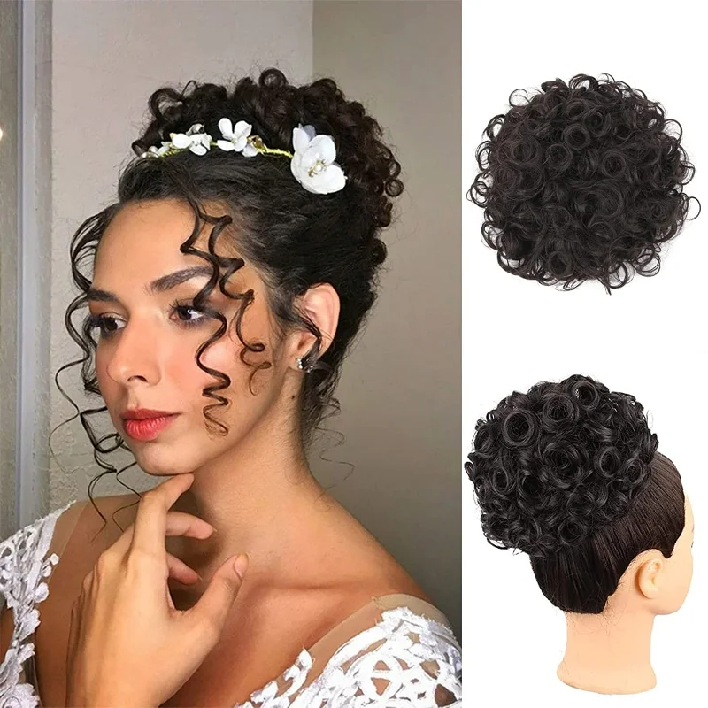 Bollos de pelo desordenados para mujer, moño rizado de onda grande con cordón, extensión de cola de caballo suelta Natural sintética corta