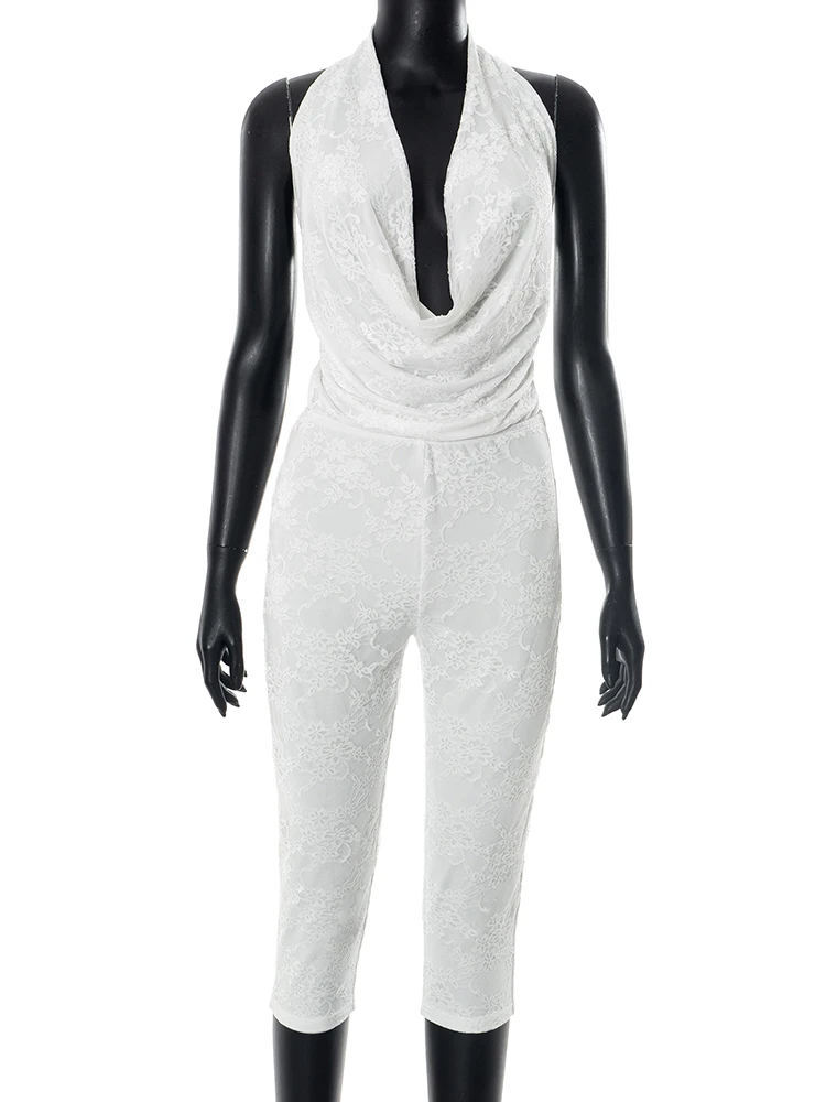 Macheda メッシュパッチワークロンパース女性ホルタースイング襟レースアップ背中の開いたミッドナイトセクシーなヒップスタークラブパーティークラシックロンパース