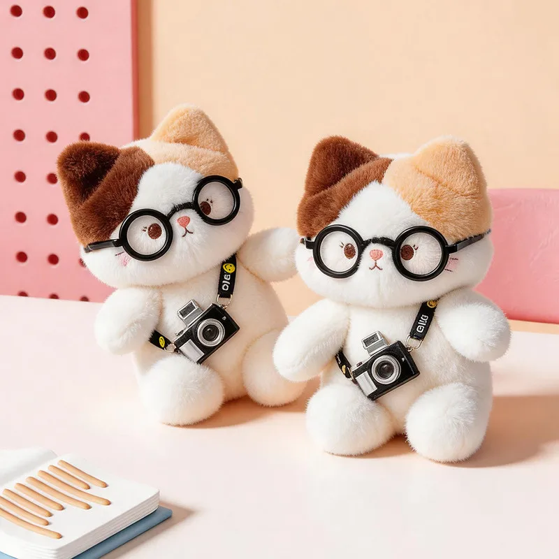 Realistic Calico Cat Plush Toy With Glasses Camera 15 20cm Lifelike Tricolor Stuffed Animal Weighted Pellet Soft Doll Gift