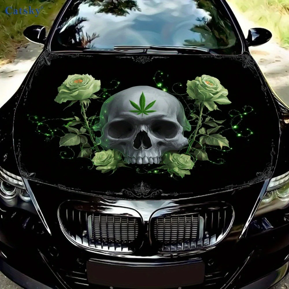

Green - Vine Rose & Skull Pattern car hood stickers, waterproof self-adhesive, scratch resistant, easy to stick, durable car PVC