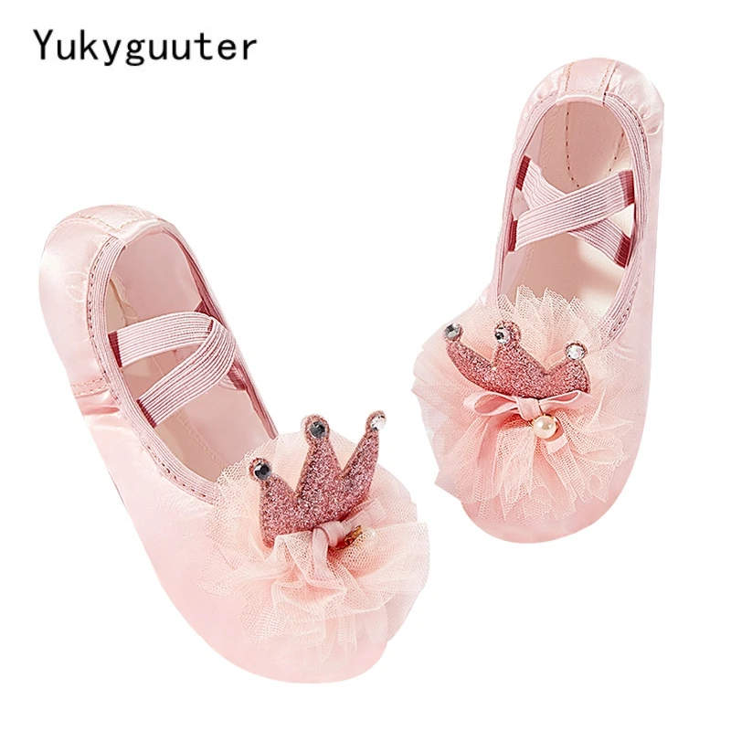 Girls Ballet Shoes Crown Silk Soft Sole Ballet Dance Slippers Children Practise Ballerina Shoes Woman Gymnastics