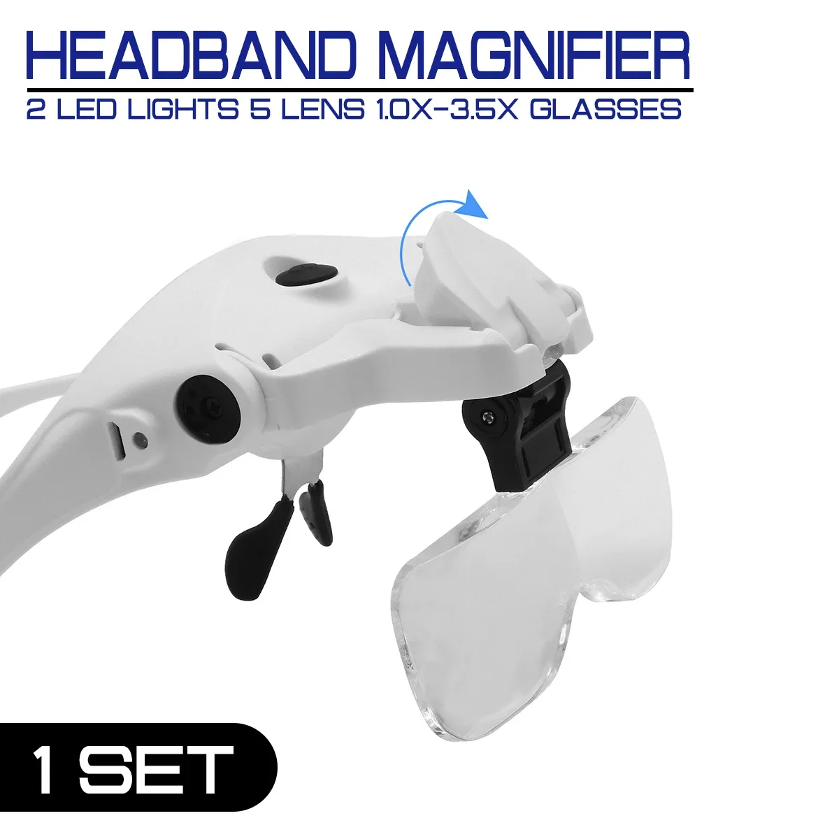 Magnifier Adjustable Bracket Headband Loupe 2 LED Lights 5 Lens 1.0X-3.5X Glasses and USB Charge Goggles Helping Hand Instrument