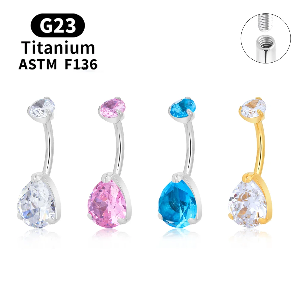 

G23 Titanium Belly Rings 14G Teardrop Clear Cubic Zircon Center Belly Button Ring Navel Rings Belly Piercing Jewelry for Women
