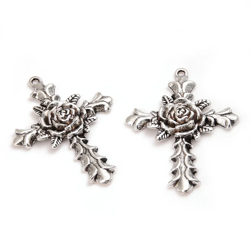 4pcs Silver Color 56x40mm Gothic Rose Flower Cross Charms Religious Pendant For DIY Handmade Metal Jewelry Making Accessories