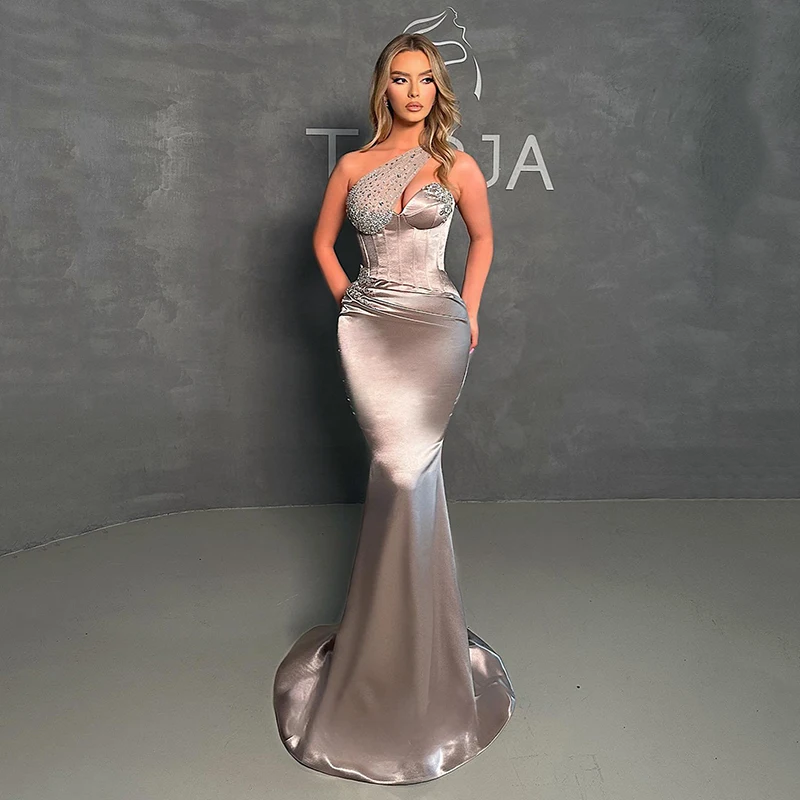 

Thinyfull 2023 Sexy Mermaid Prom Evening Dresses Formal Saudi Arabia One Shoulder Beadings Cocktail Party Prom Gowns Custom Size