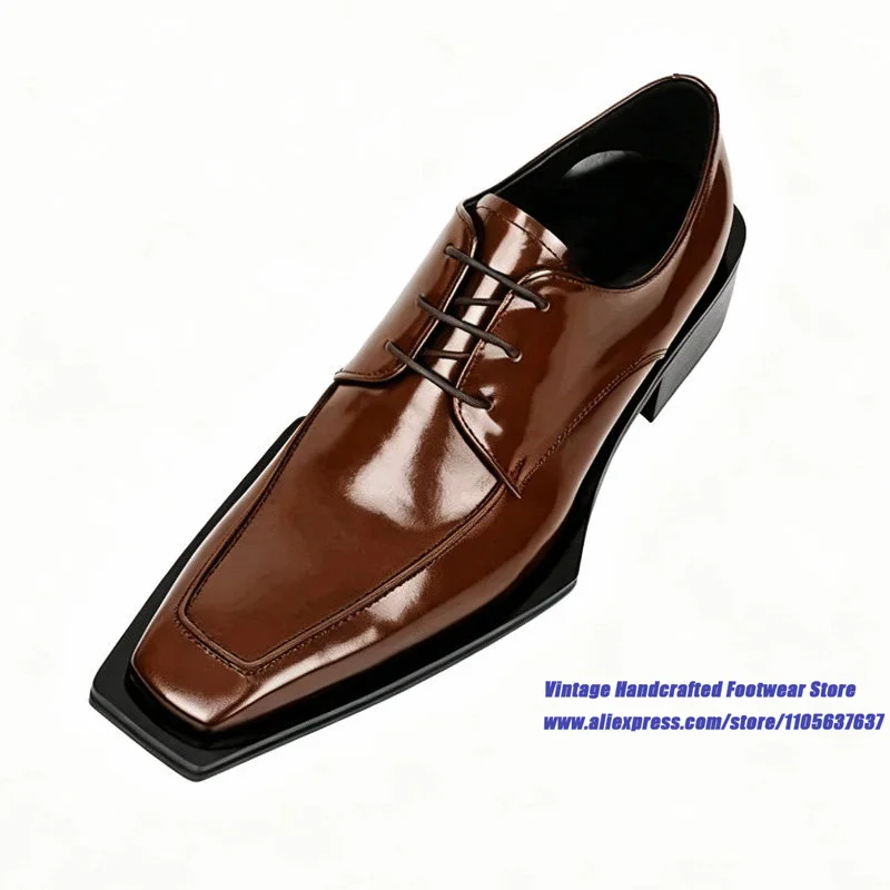 Men's Brown/black/white Patent Leather Derby Shoes Square Toe Lace-Up Casual Party Dress Shoes ﻿Vintage Handcrafted Men's Shoes