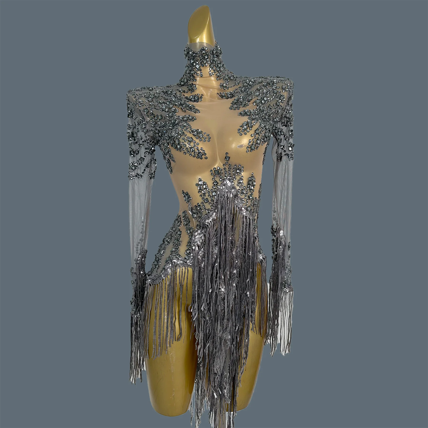 

Women Chic Crystals Tassel Mesh Bodysuit Latin Dance Team Wear gig Stage Show Sexy Costume Club Carnival Party Outfit Tangshui