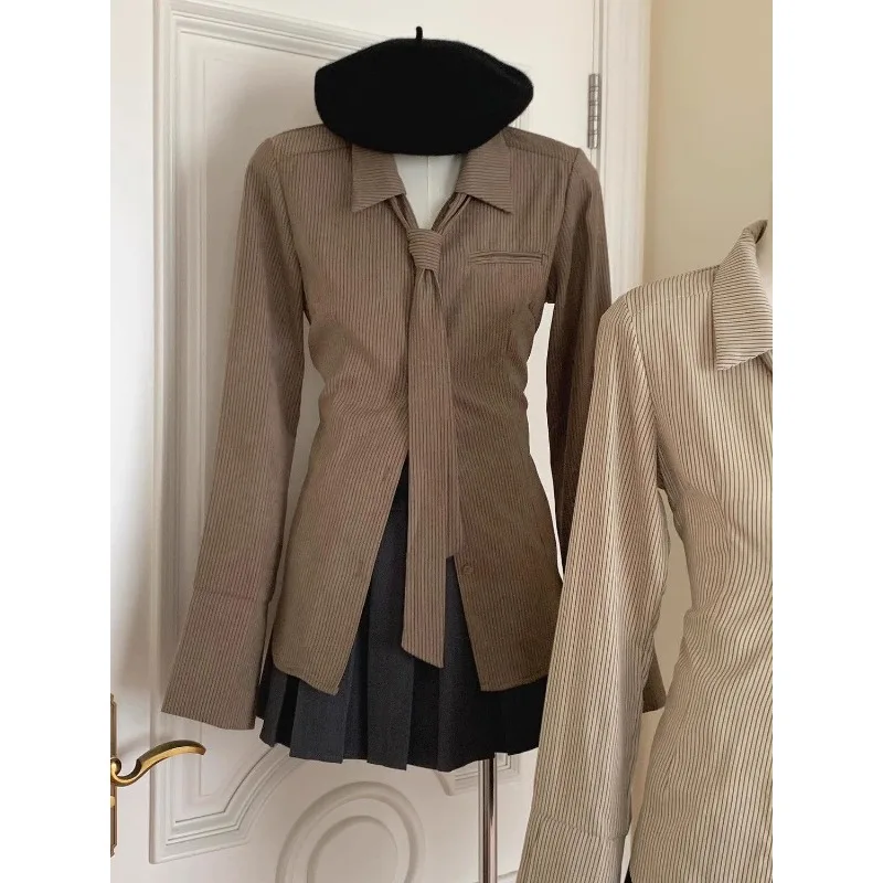 HOUZHOU 2024 Spring Striped Shirts with Tie Long Sleeve Vintage Slim Women Blouse Korean Fashion Aesthetic Old Money Clothes