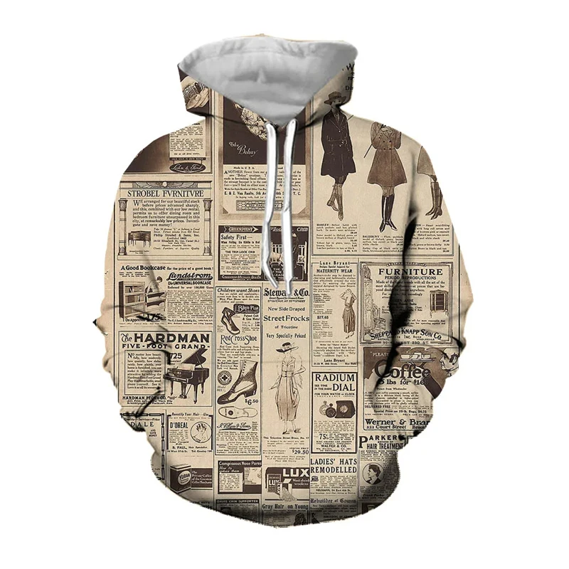 

3D Printed Vintage Old Newspaper Hoodies Men Clothing Fashion Casual Design Pullovers Streetwear Women Tracksuit Sweatshirts