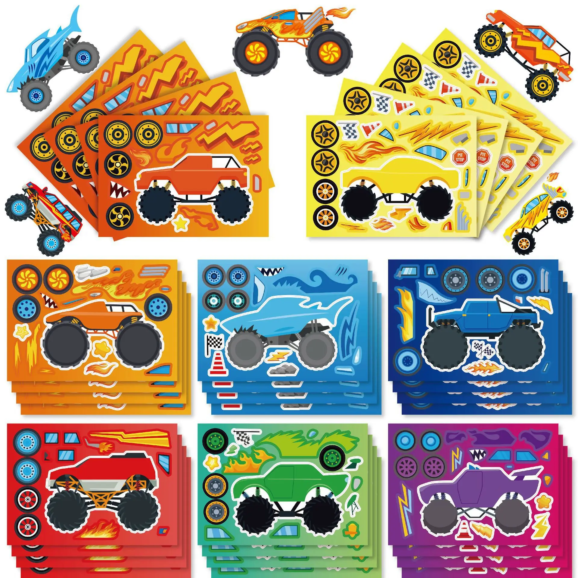 8/16 Blatt Technik-Monster-Truck-Puzzle-Aufkleber Lustige Zusammenbau-Puzzle-Partyspiele Interaktive Puzzle-Dekoration Laptop-Becher
