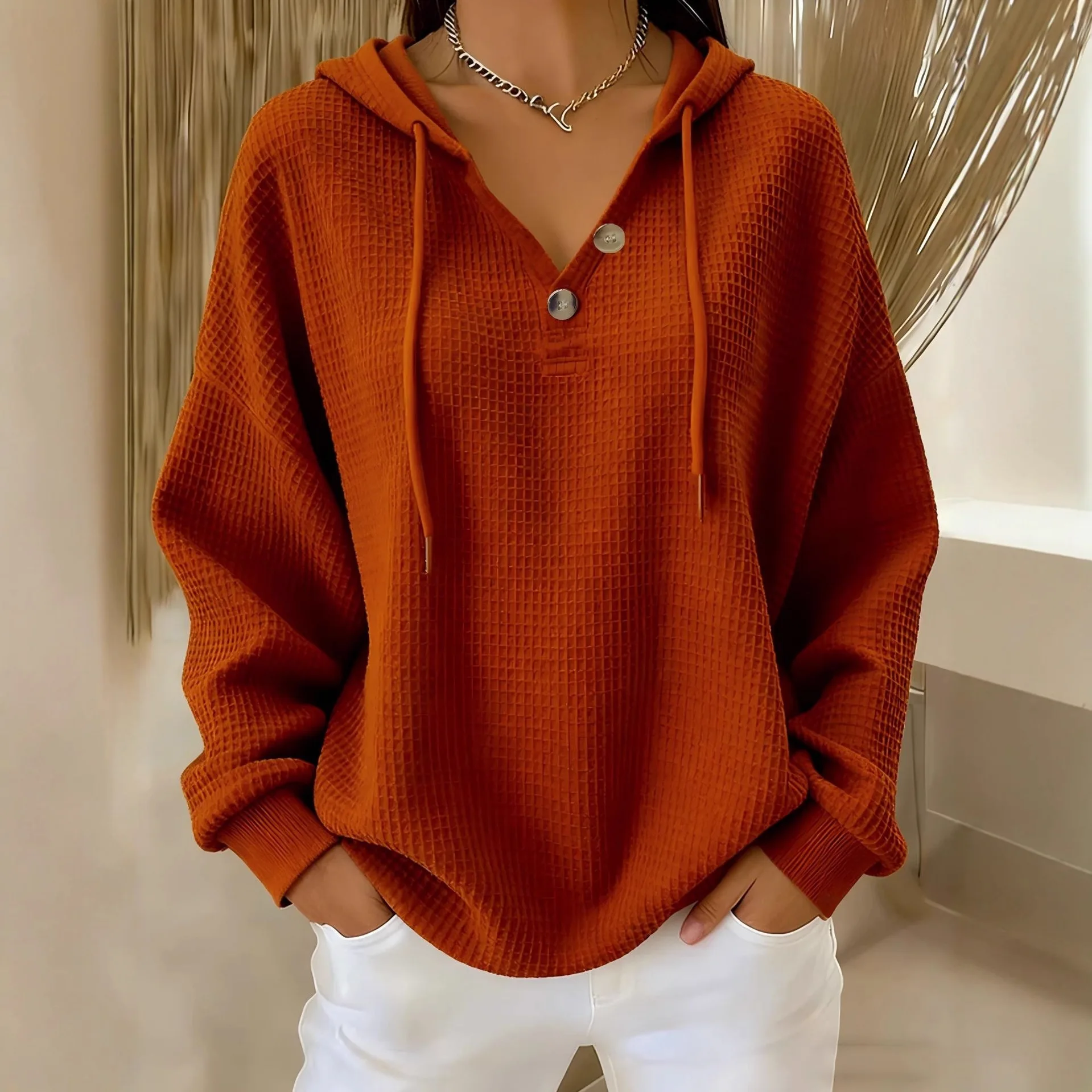 

2025 Autumn Winter Women's New Pure Color Waffle V-Neck Buttoned Hooded Sweatshirt