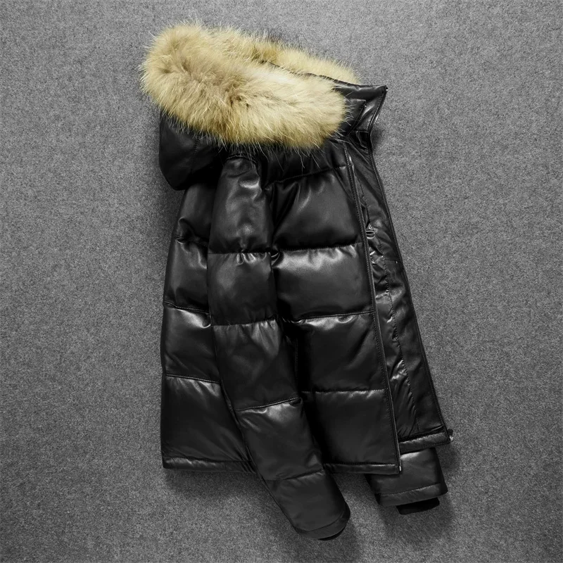 2022 New Winter Jackets Men Genuine Leather Down Jacket Men\'s Padded Real Sheepskin Coats Hooded Thick Warm Leather Coat Jaqueta