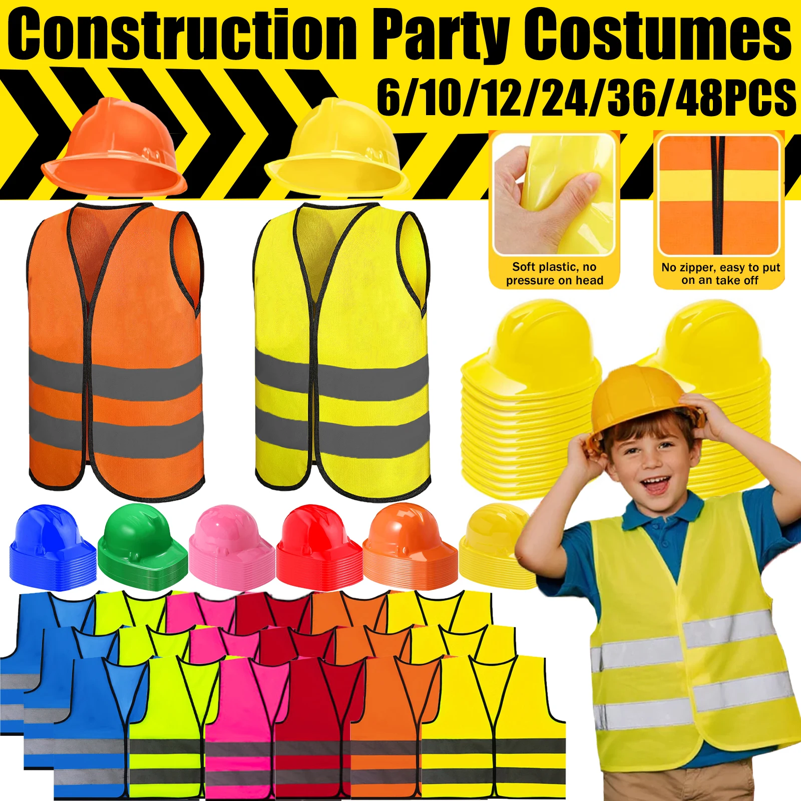 Gilet de fête de Construction pour enfants, chapeau de Construction pour la Construction, fournitures de fête d'anniversaire, jouet pour enfants, jeu de rôle, habillage, 6 à 48 pièces